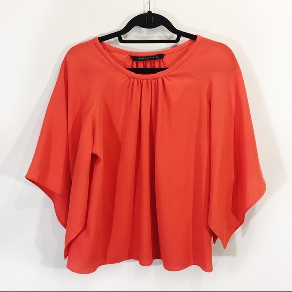 Zara Flutter Dolman Sleeve Blouse Large Orange